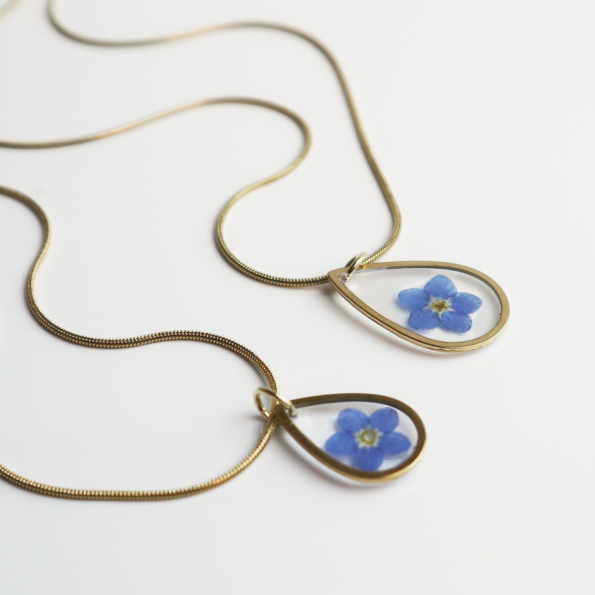 Drupt gouden ketting met druppelvormige hanger en een echt gedroogd blauw vergeet-mij-nietje bloemetje