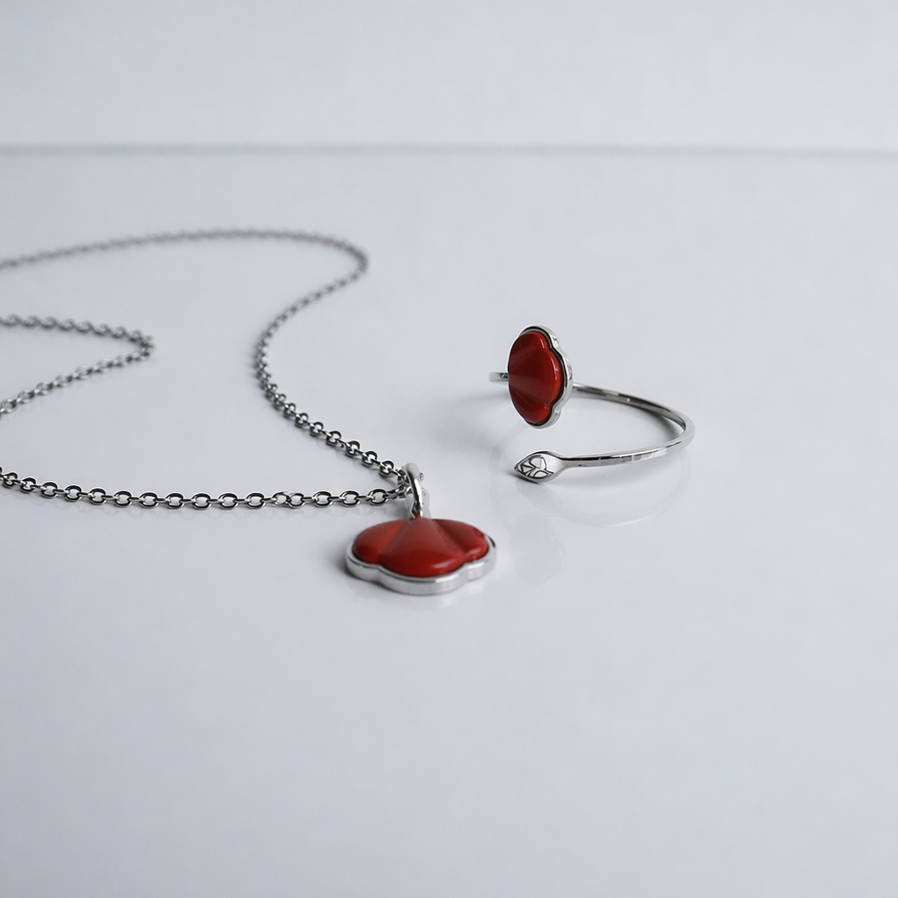 Jaspis Klaproos Set – Ring, Hanger & Ketting (Zilver)