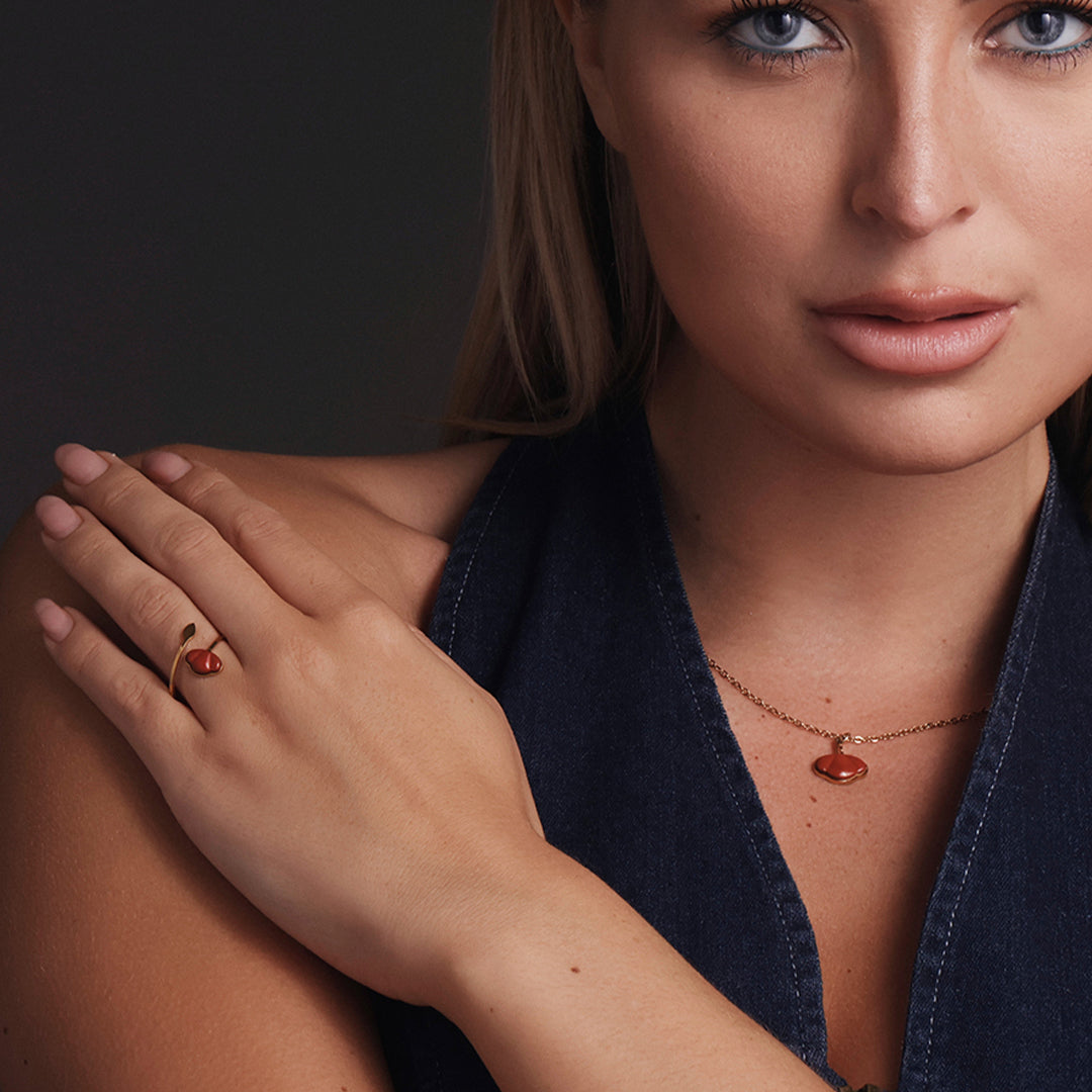 Jaspis Klaproos Set – Ring, Hanger & Ketting (Goud)
