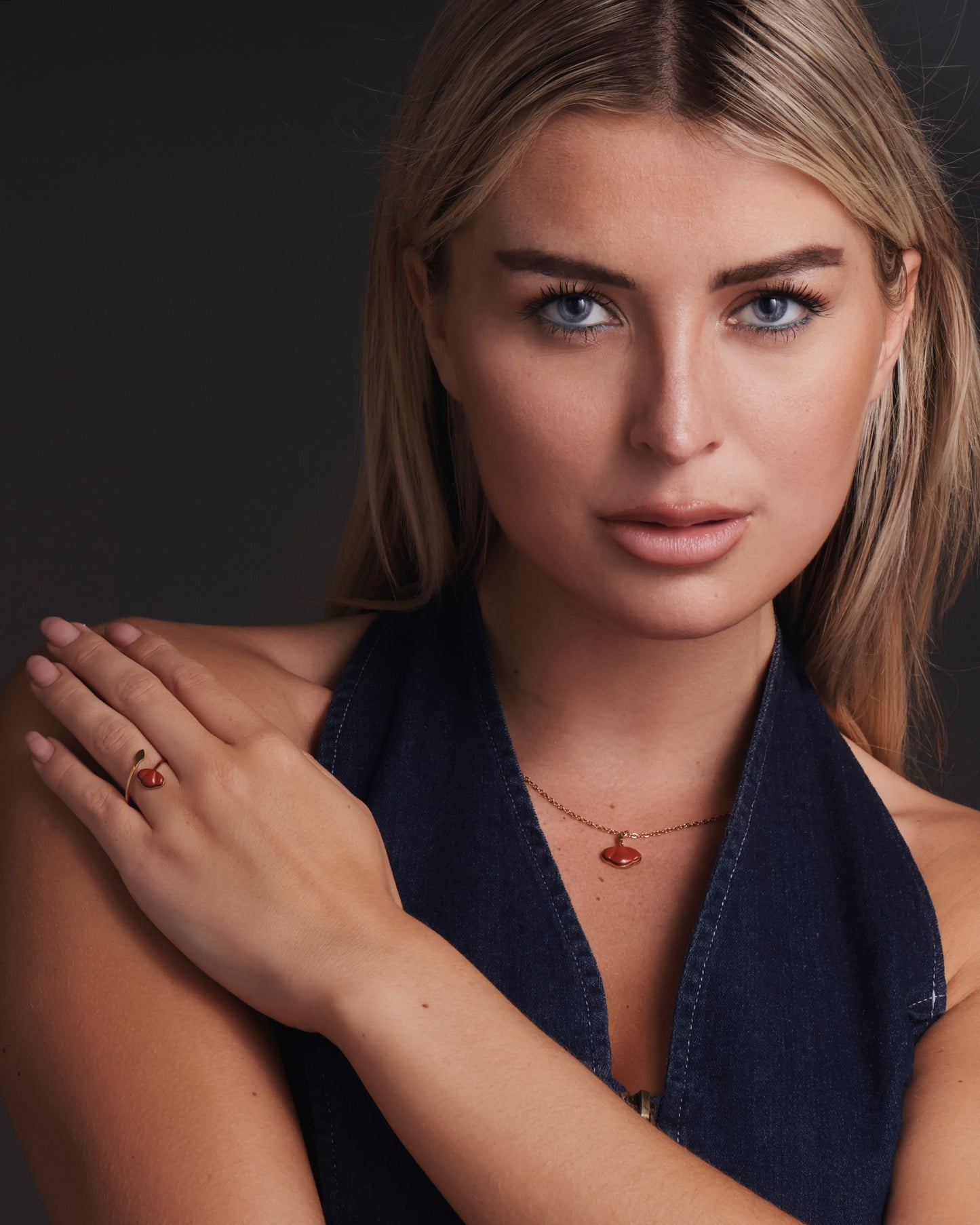 Jaspis Klaproos Set – Ring, Hanger & Ketting (Goud)