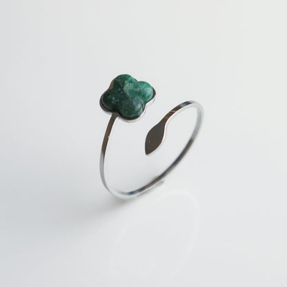 Ring – Groene Jade - Klaver - Zilver