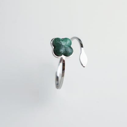 Ring – Groene Jade - Klaver - Zilver