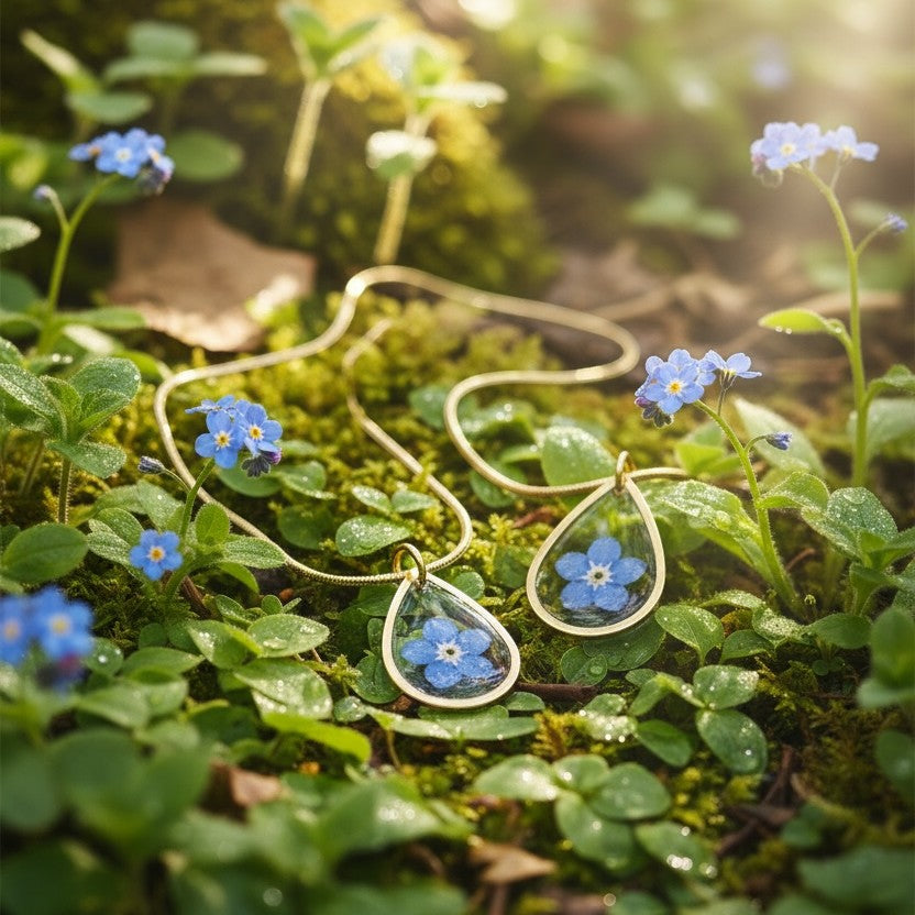 Drupt gouden druppelvormige hanger met echt vergeet-mij-nietje in een bosrijke omgeving met blauwe bloemen