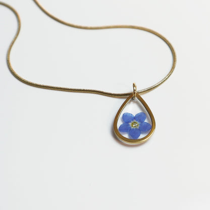 Drupt gouden ketting met een minimalistische druppelvormige hanger en een echt blauw vergeet-me-nietje bloemetje.
