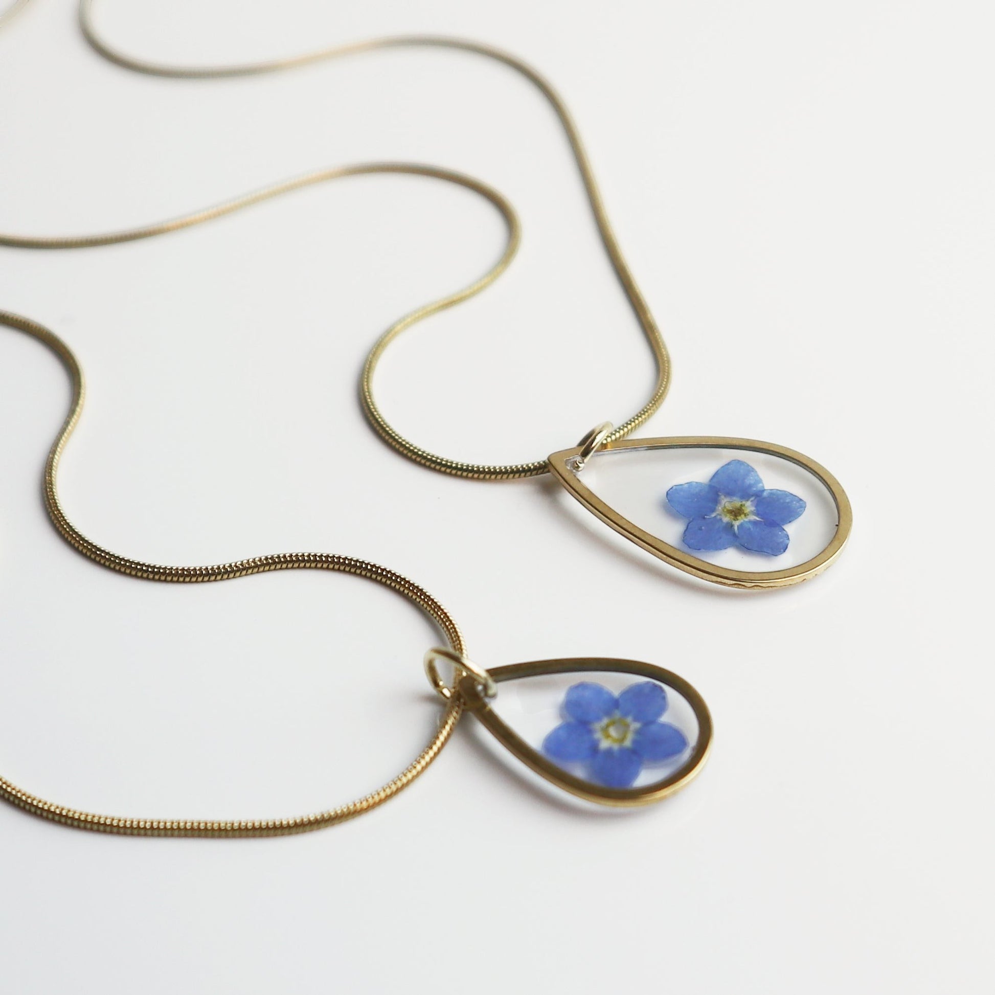 Drupt gouden ketting met druppelvormige hanger en een echt gedroogd blauw vergeet-mij-nietje bloemetje