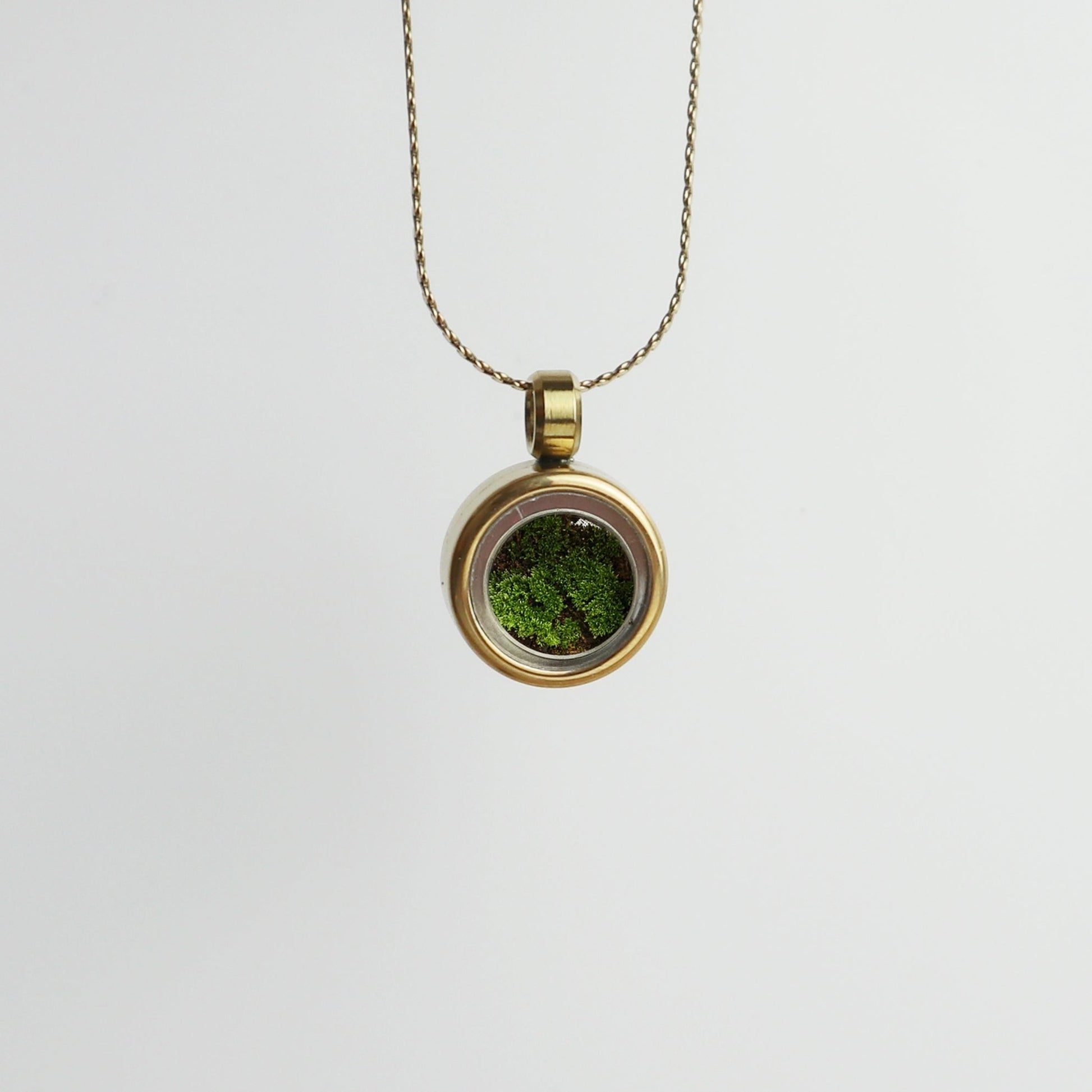 Drupt Koester hanger in goud met groene mosvulling aan een fijne ketting voor dierbare herinneringen.