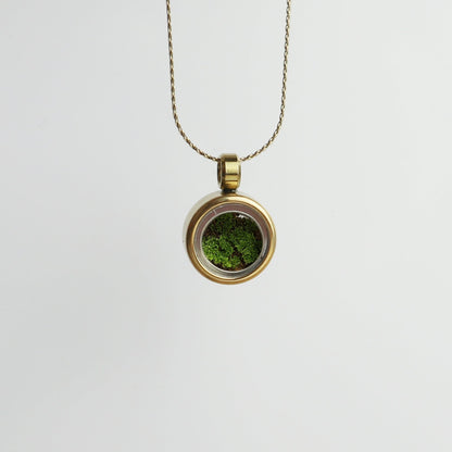 Drupt Koester hanger in goud met groene mosvulling aan een fijne ketting voor dierbare herinneringen.