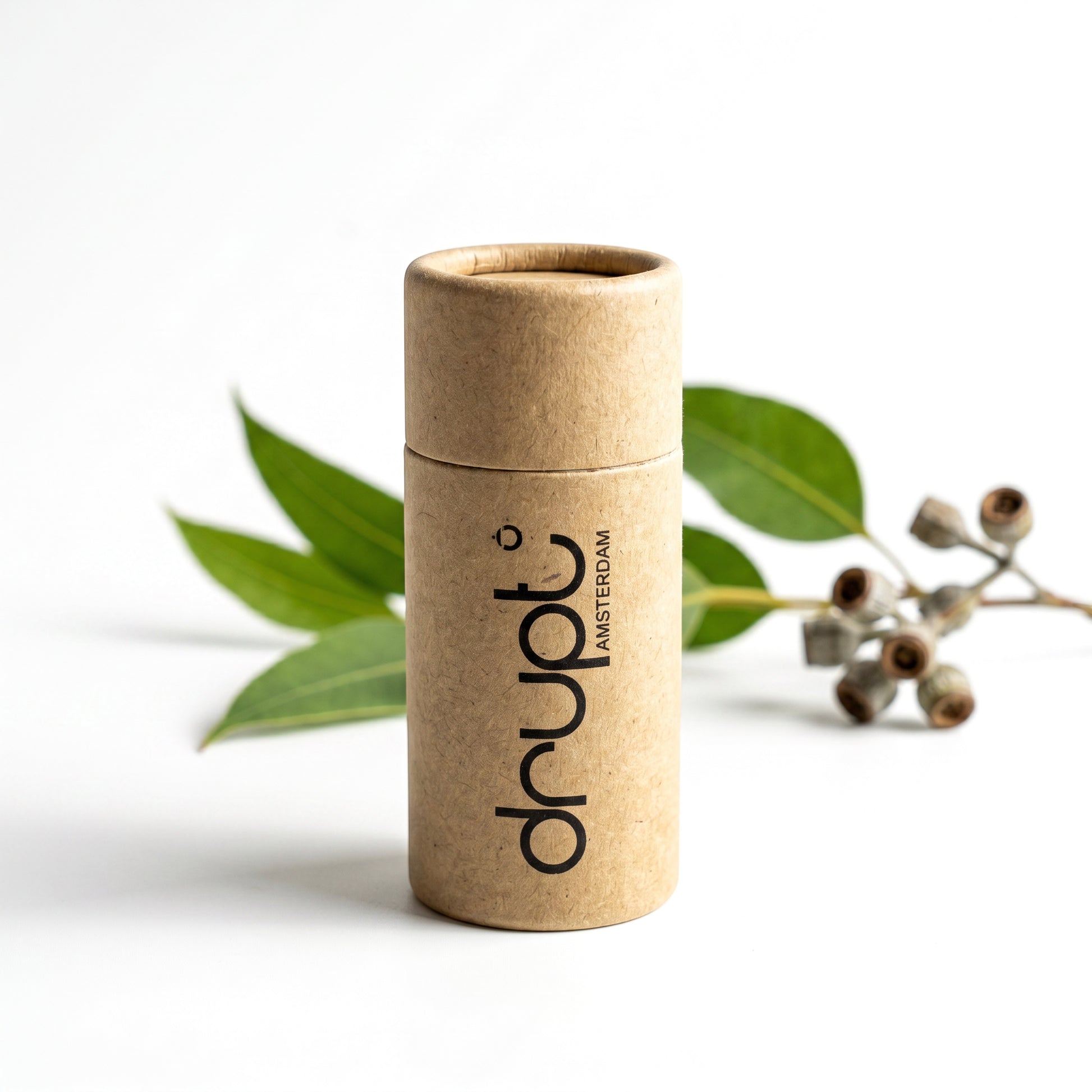 Drupt cadeauverpakking van bruin karton voor een Koester hanger, gepresenteerd met een takje eucalyptus.