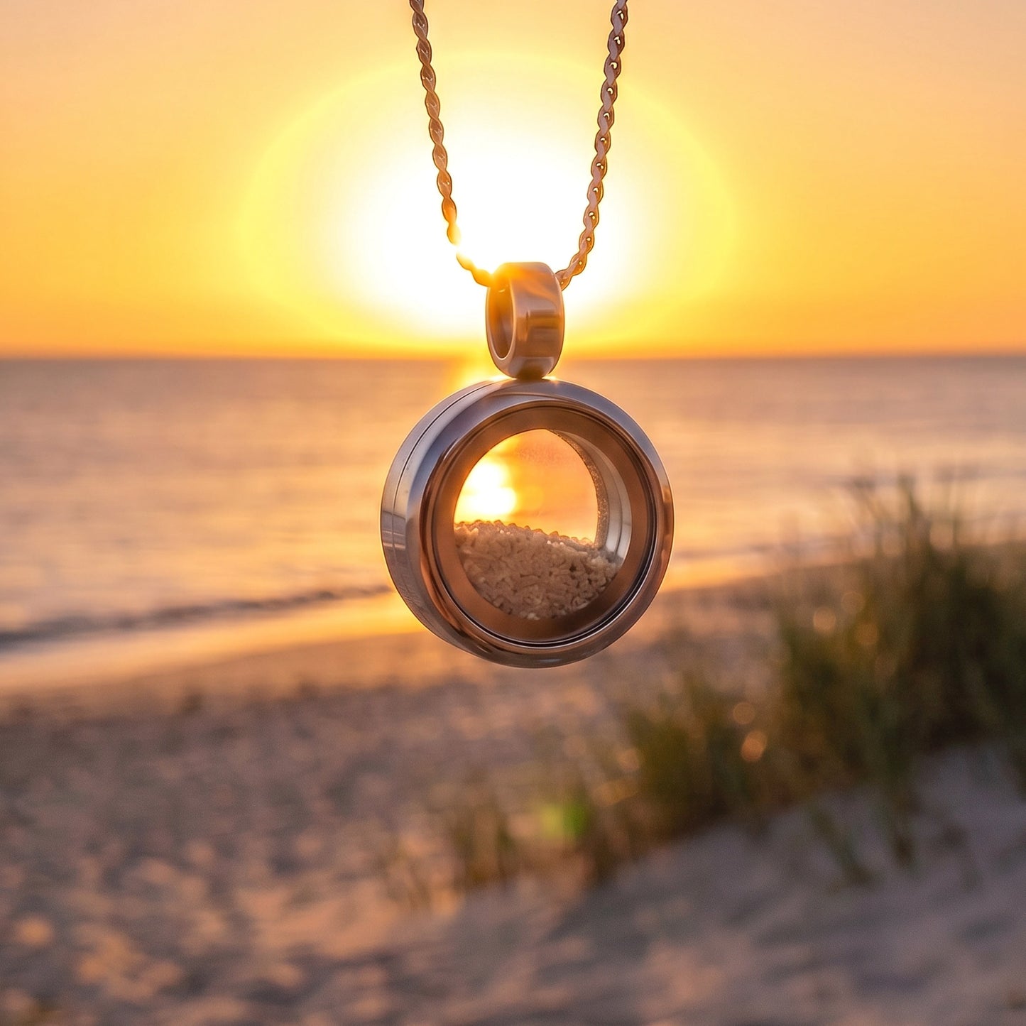 Drupt Koester zilveren hanger met zand, hangend voor een zonsondergang op het strand.