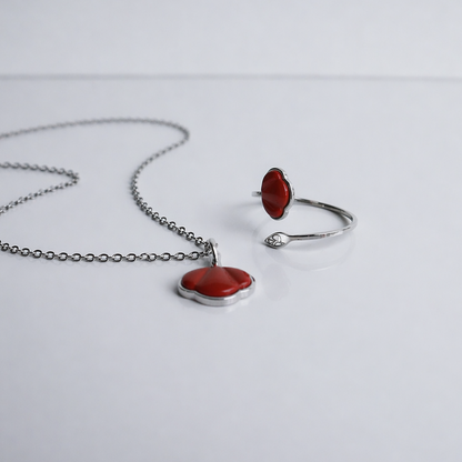 Jaspis Klaproos Set – Ring, Hanger & Ketting (Zilver)