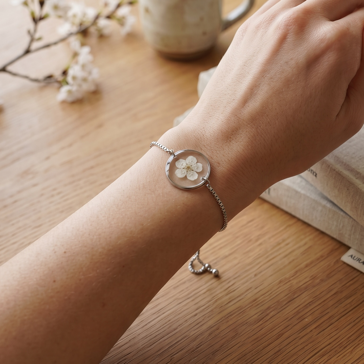 Armband Halo – Plum Bloesem – Wit – Zilver