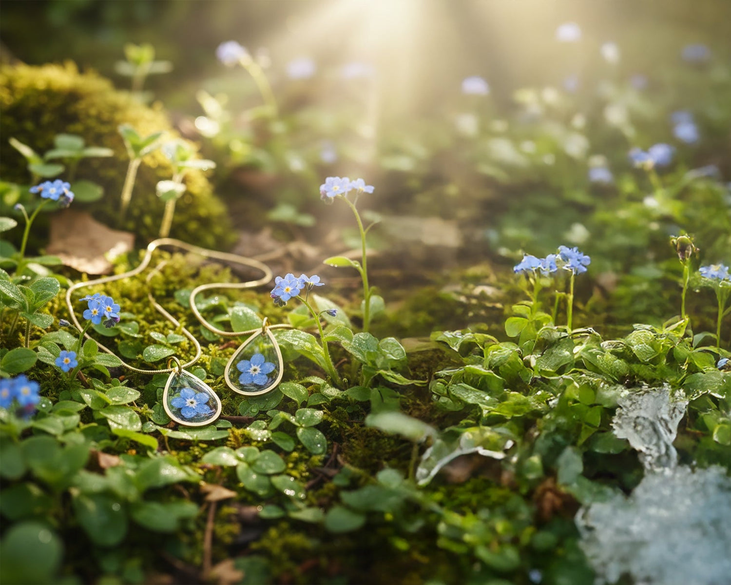 vergeet mij nietje ketting met echte bloem